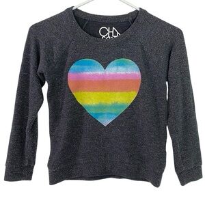 Chaser Rainbow Heart Sweatshirt Girls Size 8 Pullover Gray Fuzzy Texture Grey